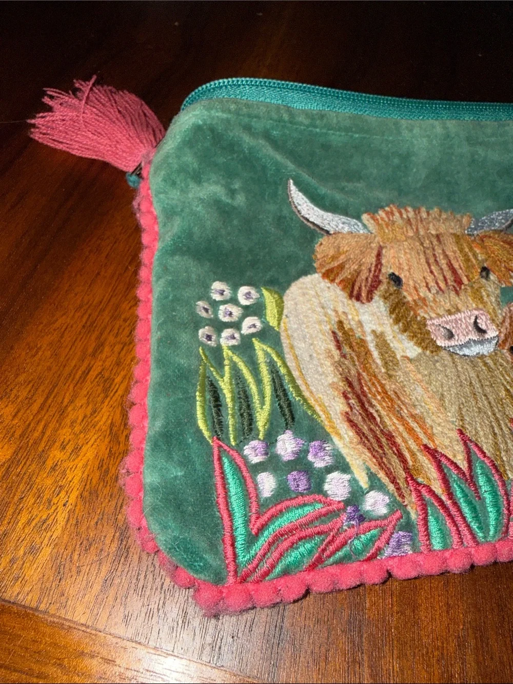 Green Velvet Embroidered Highland Cow Cosmetic Pouch